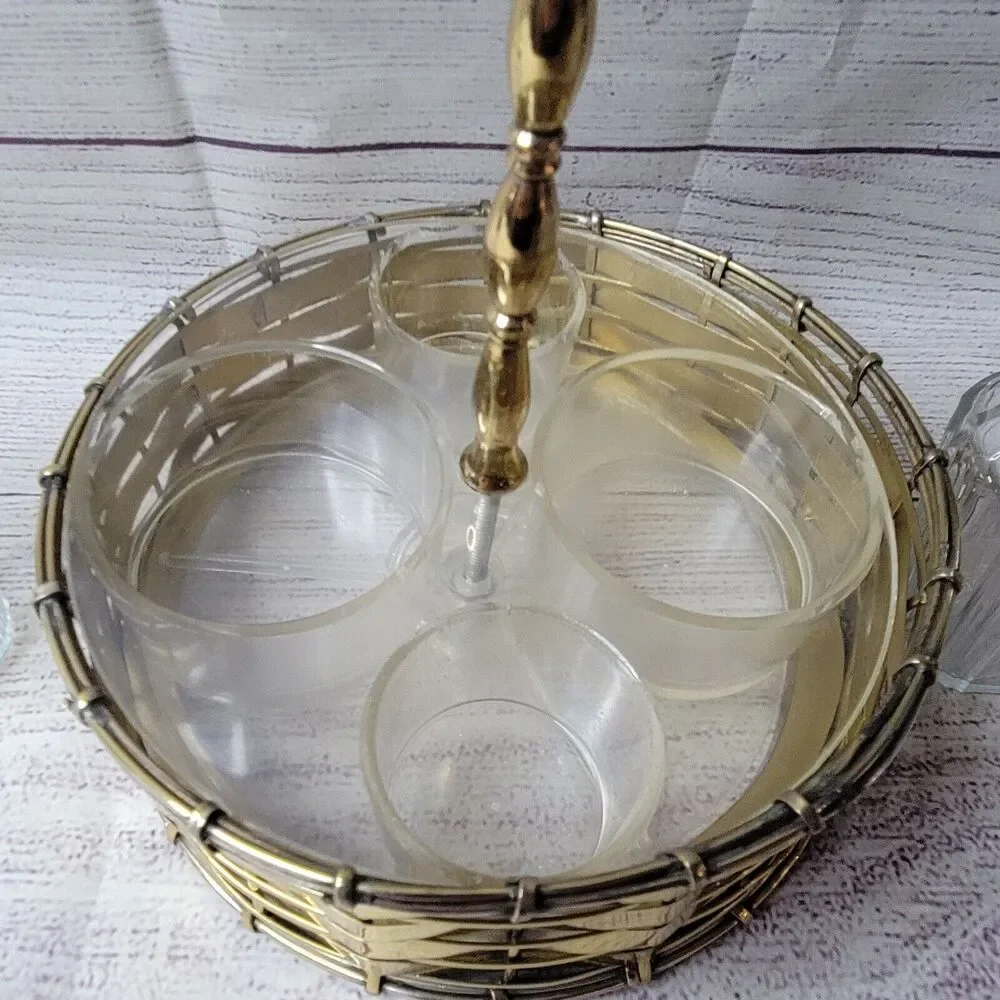 Vintage brass salt, pepper, vinegar, and oil jars with holder table-centerpiece